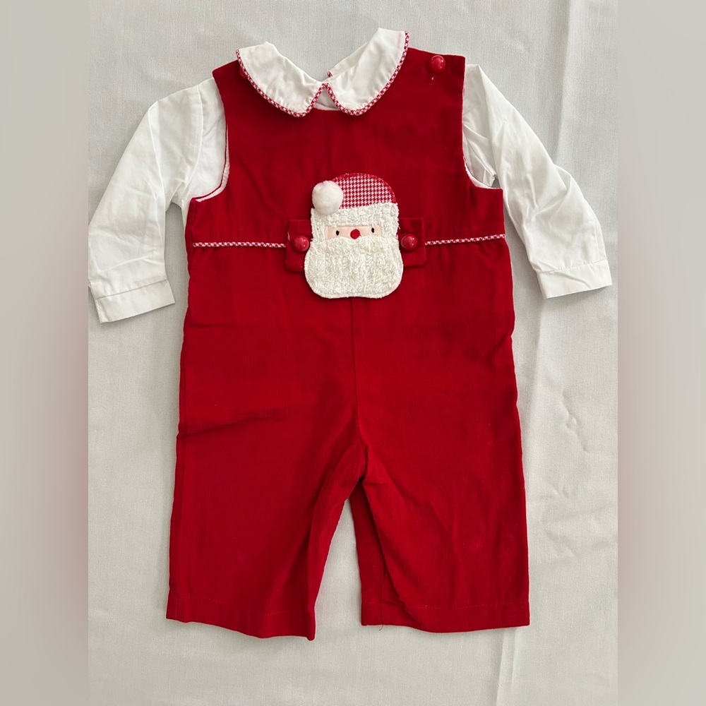 Funtasia Too Red Corduroy Santa and Dog Tabs  Romper Longall Overall Set 9M Boys